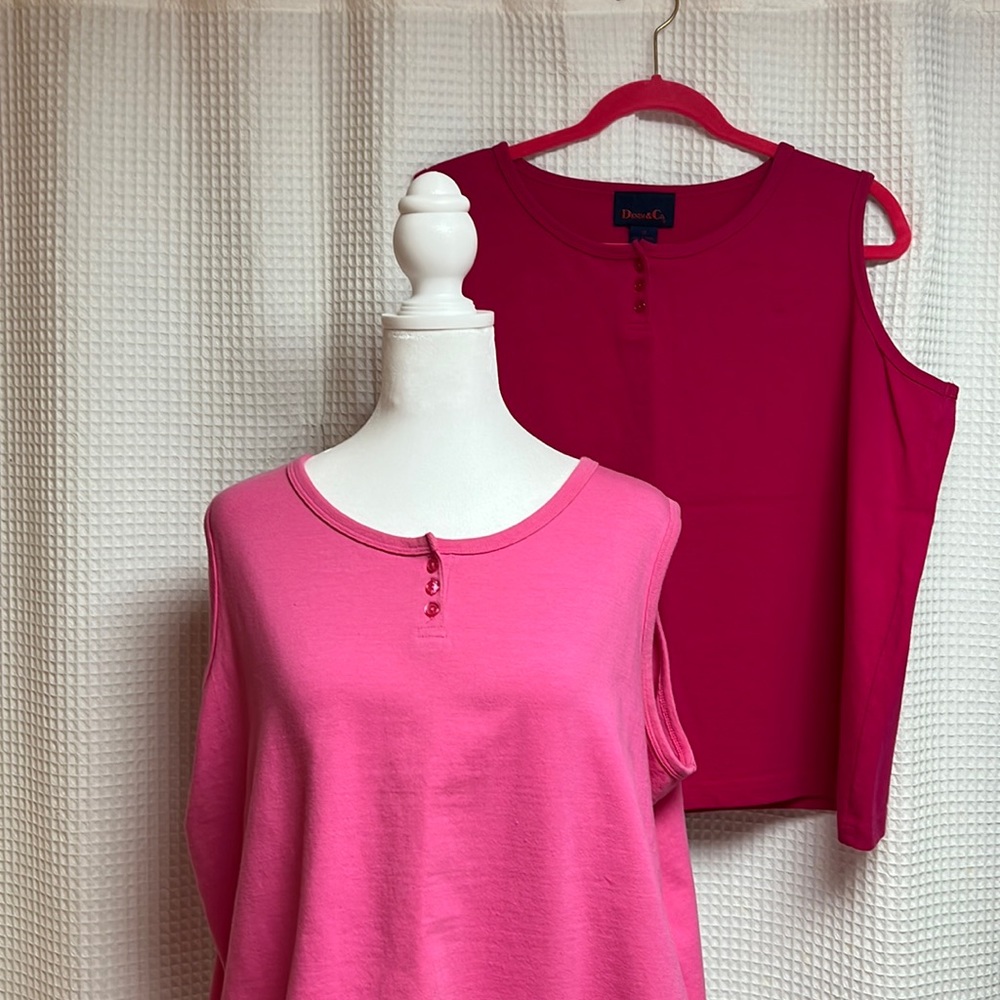Denim&Co- 1X- Set of 2 Tank Tops epithet scoop neckline- Hot Pink//Medium Pink